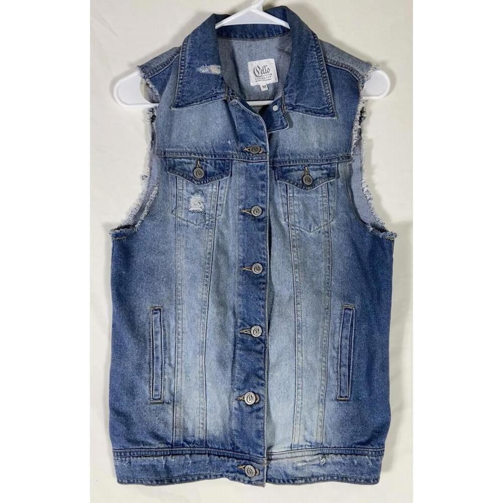 Cello Denim Vest Distressed Medium M Distressed Raw Edge Armholes Button Front